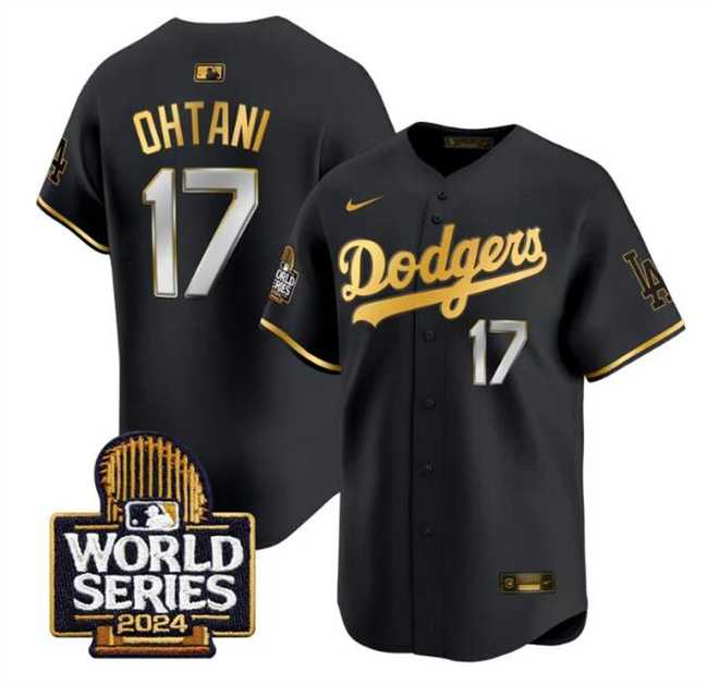 Mens Los Angeles Dodgers #17 Shohei Ohtani Black Gold 2024 World Series Limited Stitched Jersey Dzhi